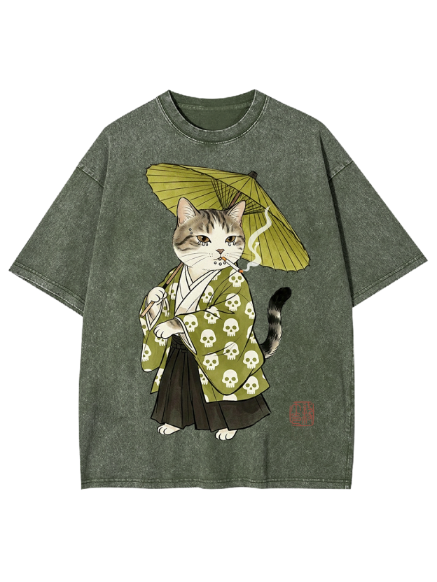 Samurai Cat Ukiyo-e Washed Tshirt