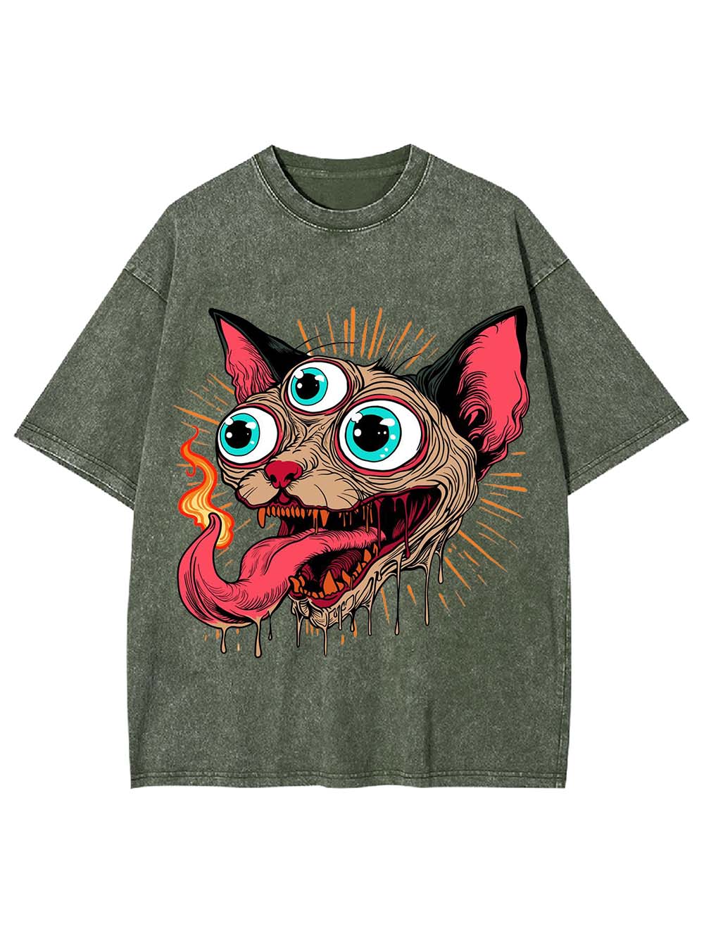 Flaming Three-Eyed Cat Washed Tshirt