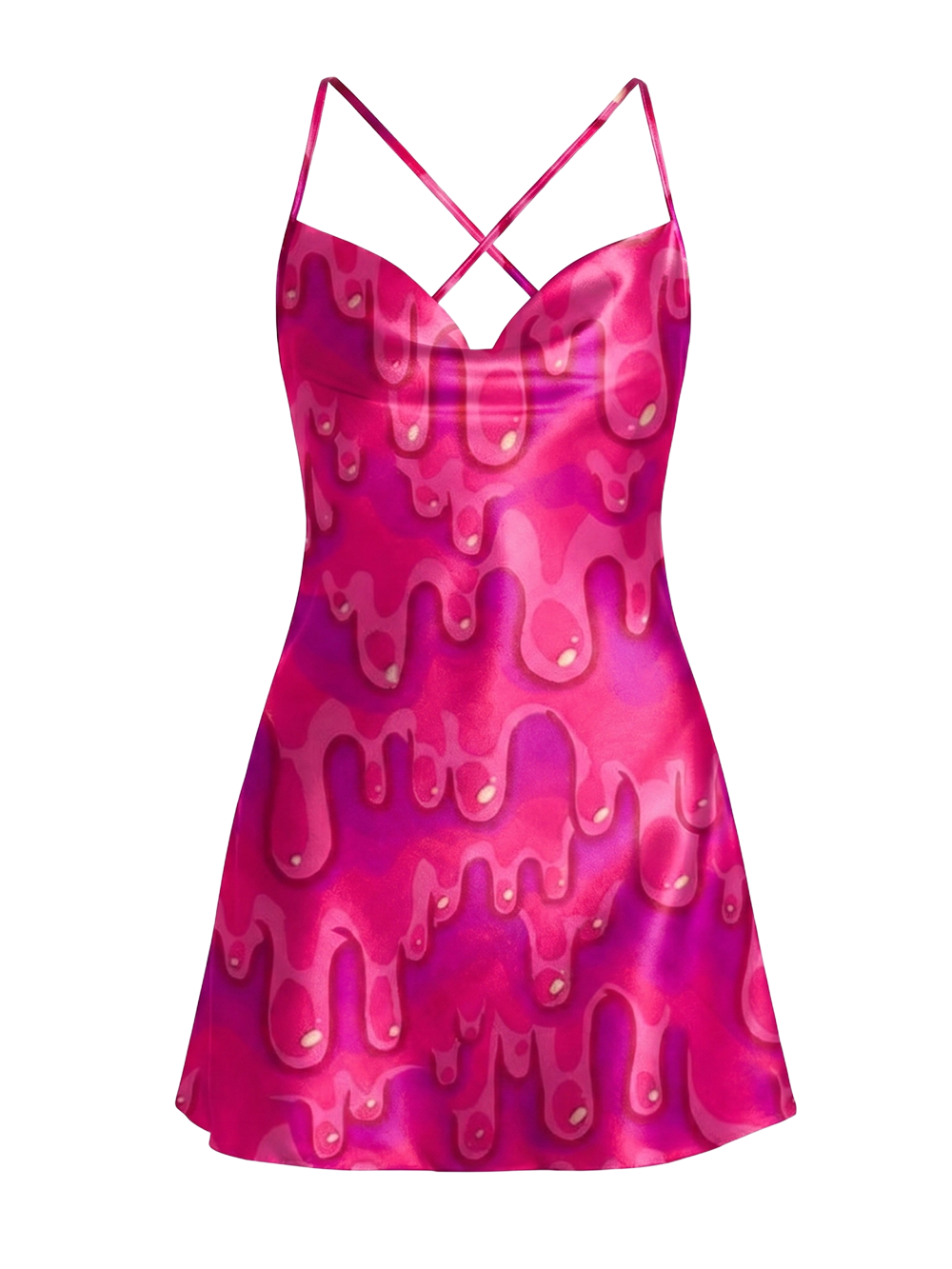 HOT PINK PSYCHEDELIC DRIP SATIN CROSS BACK MINI DRESS