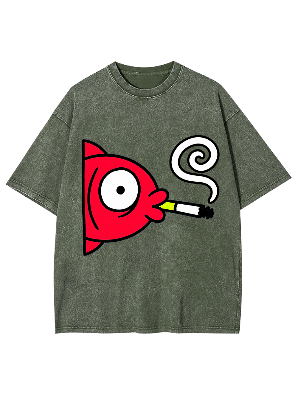 CARTOON RED FISH SMOKING CIGARETTE WASHED TSHIRT