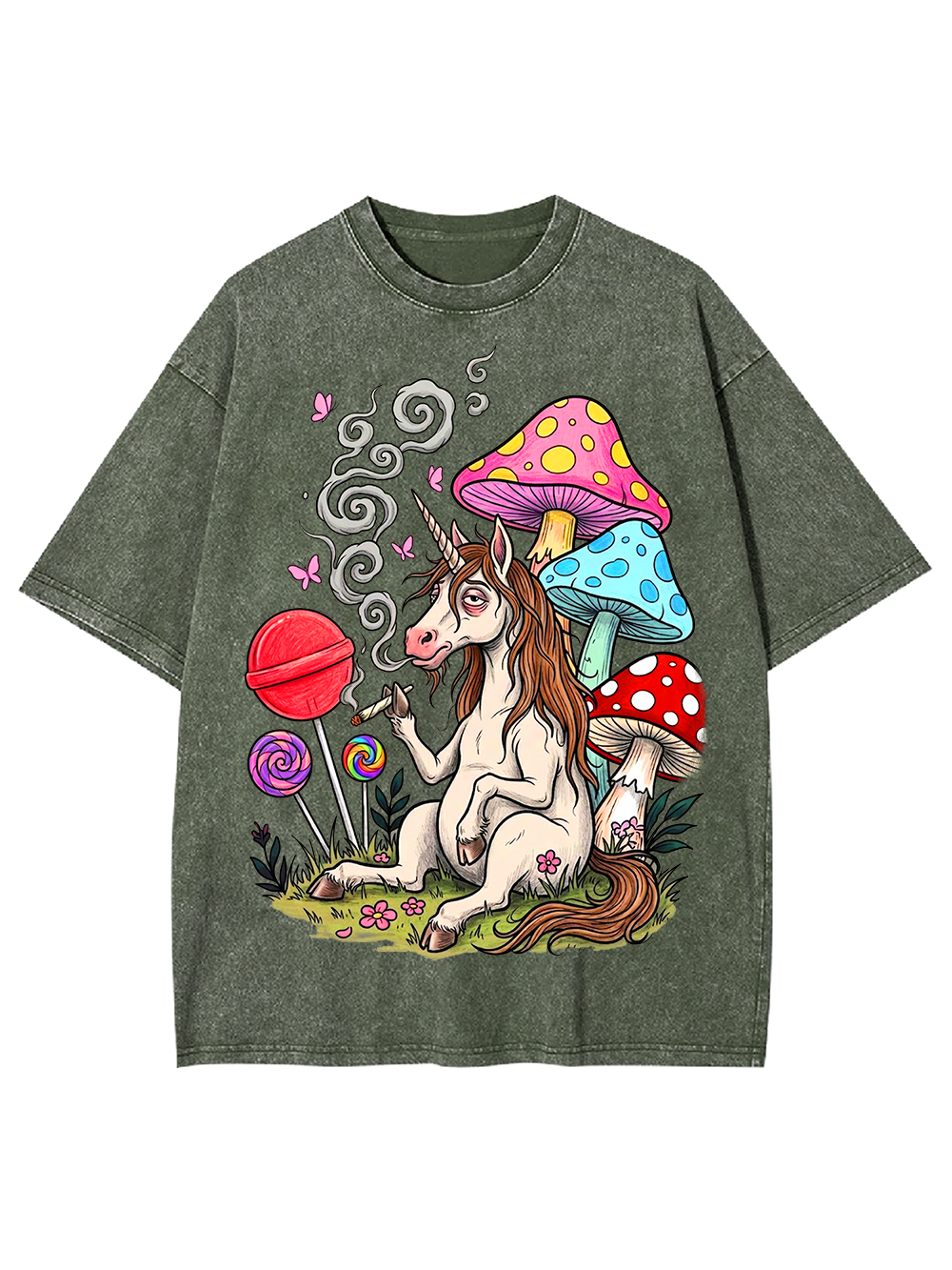 PSYCHEDELIC UNICORN AND MUSHROOM FANTASY WASHED TSHIRT