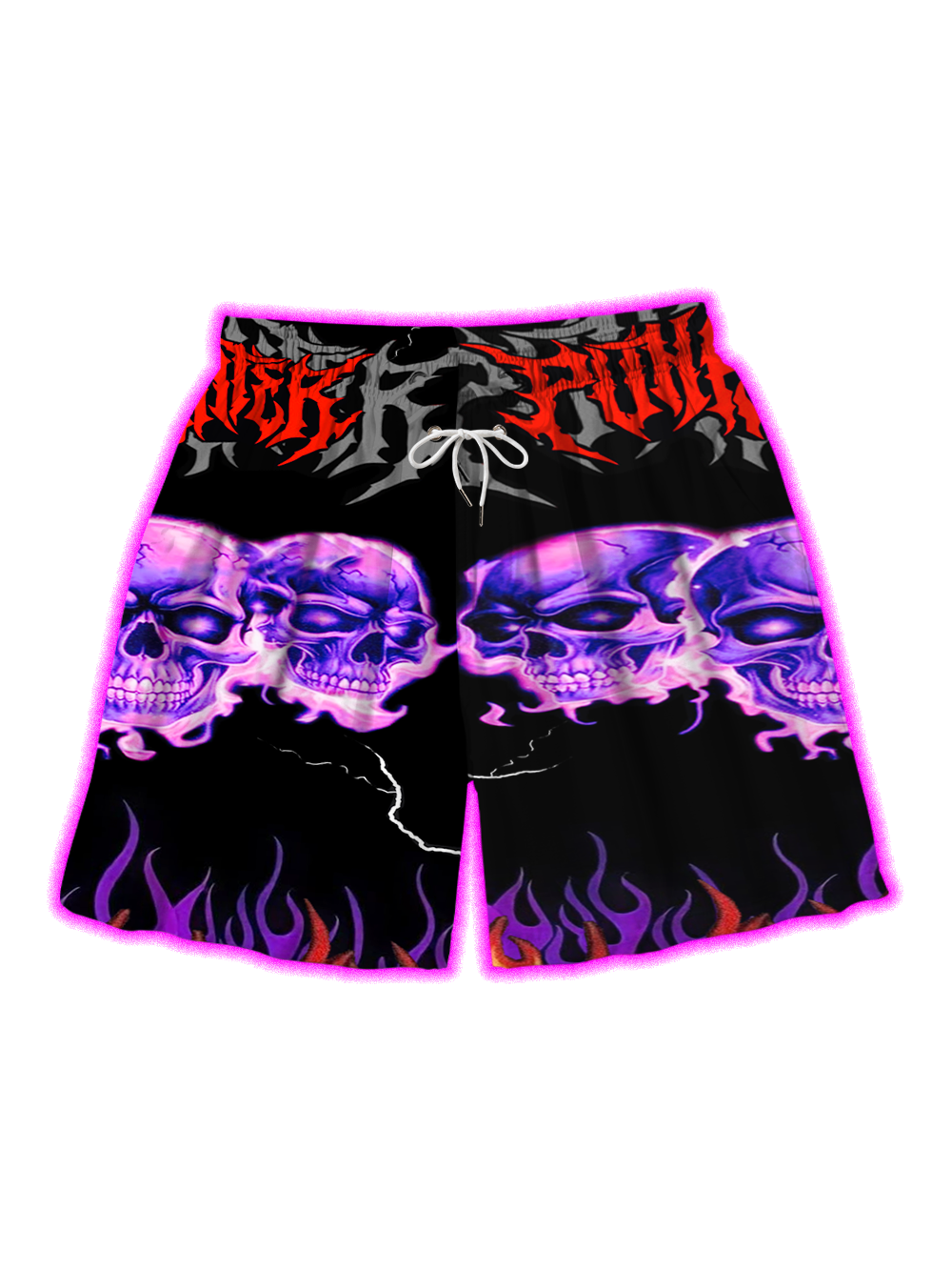 PURPLE FLAMING SKULL INFERNO ALL OVER PRINT SHORTS