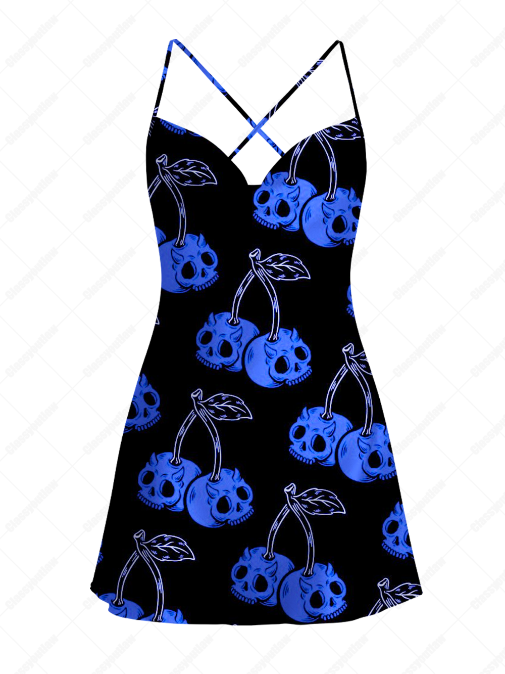 BLUE CHERRY SKULL SATIN CROSS BACK MINI DRESS