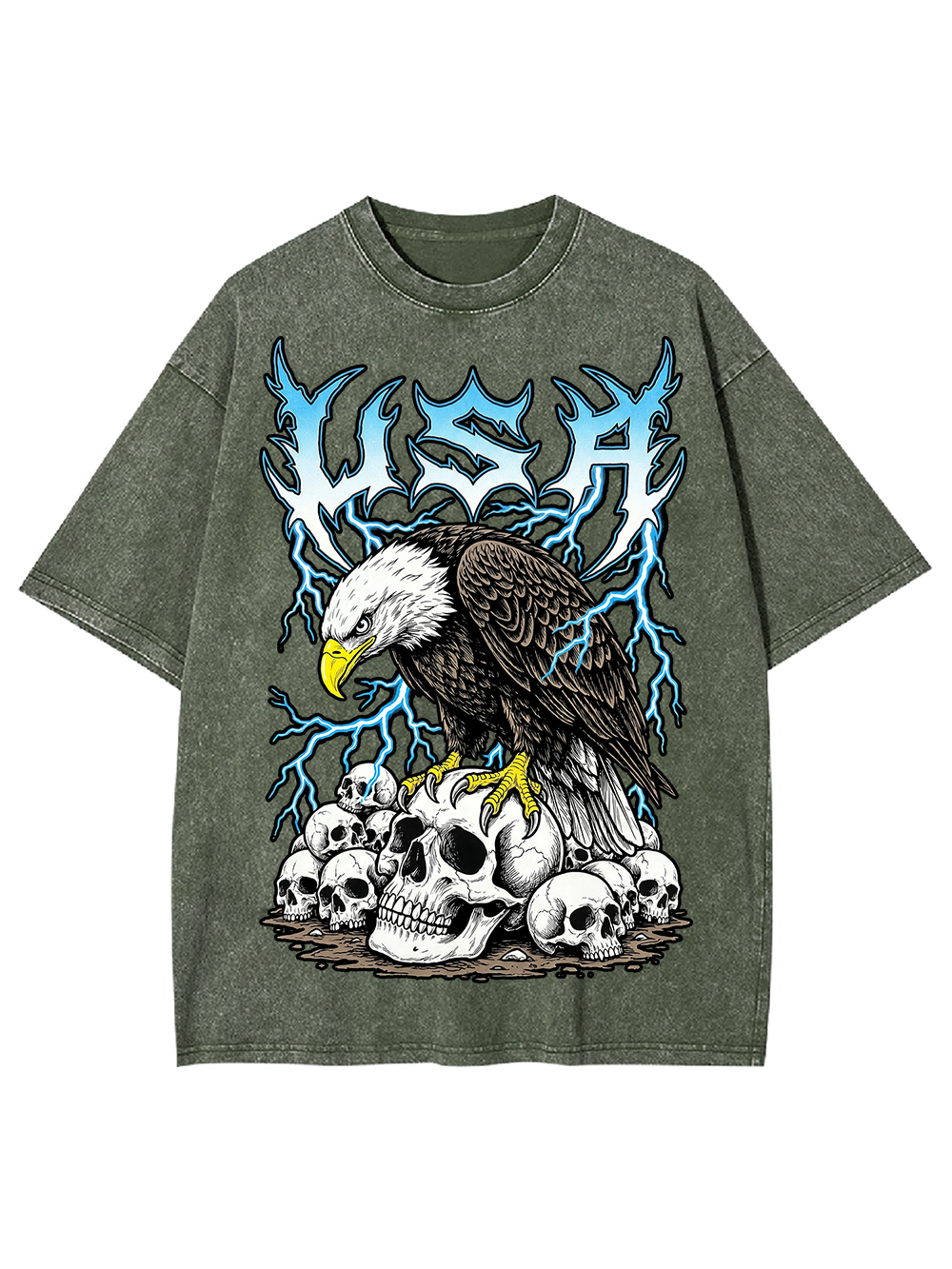 USA EAGLE THUNDER SKULLS WASHED TSHIRT