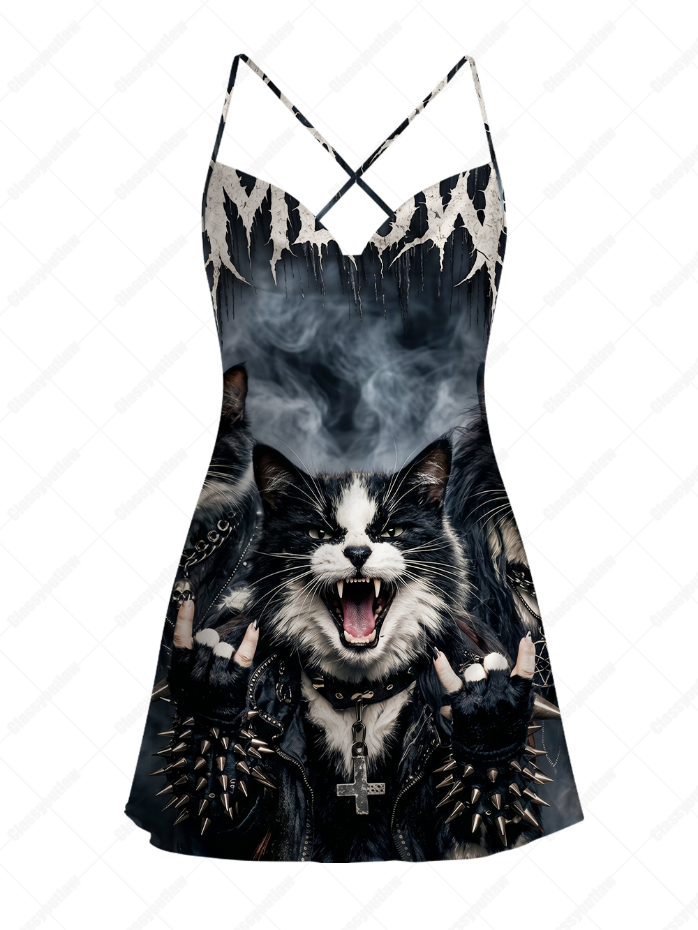 FERAL SHADOW CATS SATIN CROSS BACK MINI DRESS