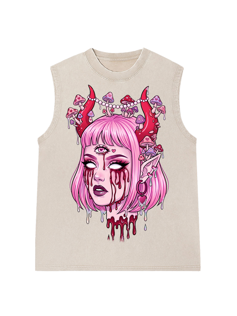 PINK DEMON GIRL SHROOM WASHED TANK TOP