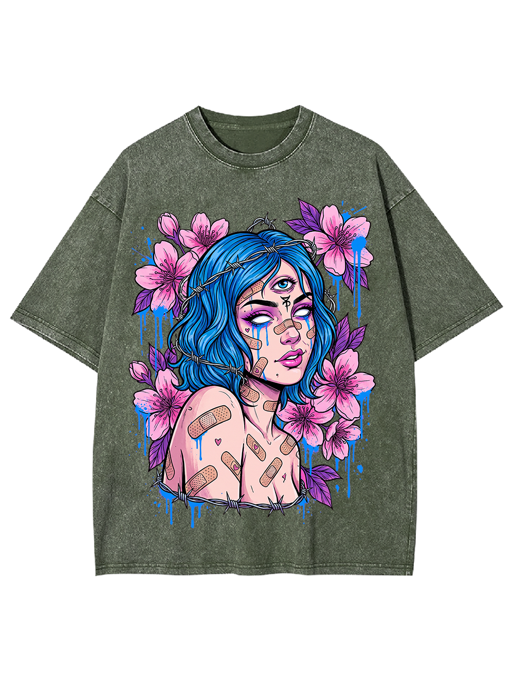 BLUE HAIRED BLOSSOM GIRL WASHED TSHIRT