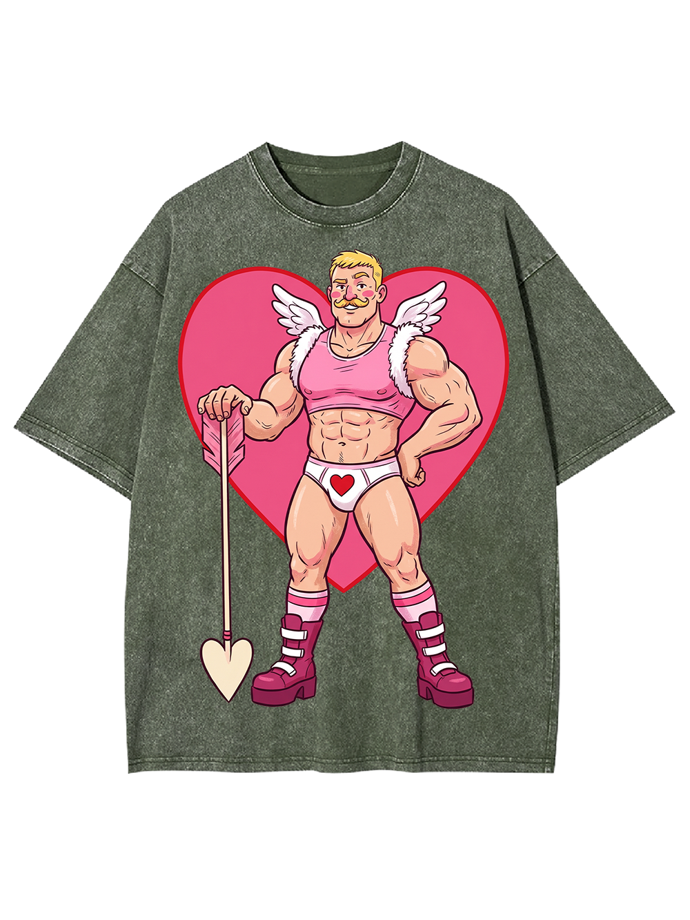 MUSCULAR CUPID IN PINK HEART OUTFIT WASHED TSHIRT