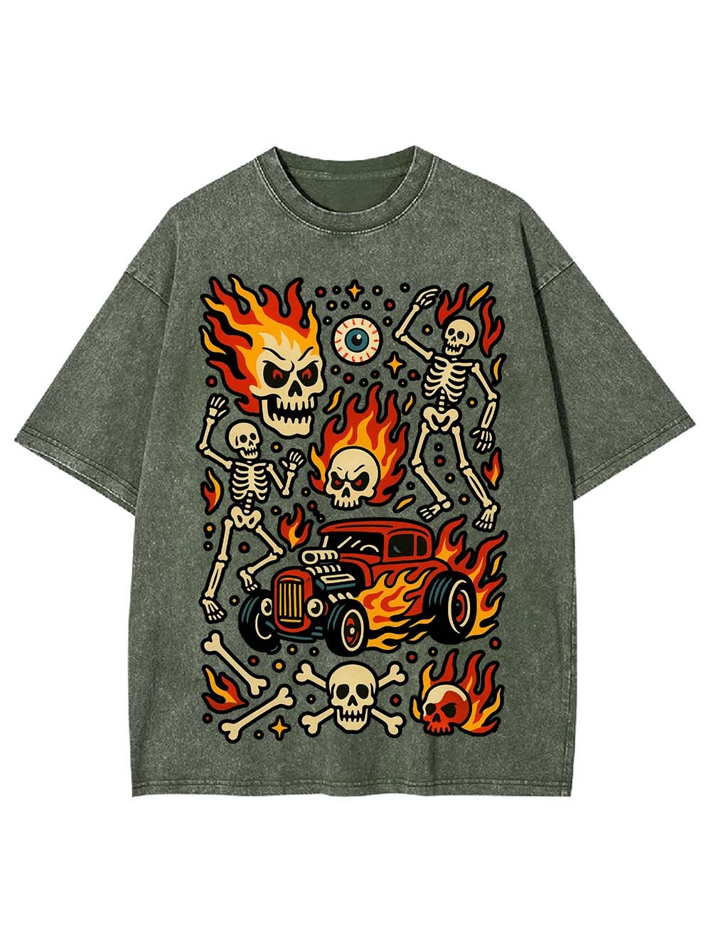 Flaming Skeleton Ride Washed Tshirt