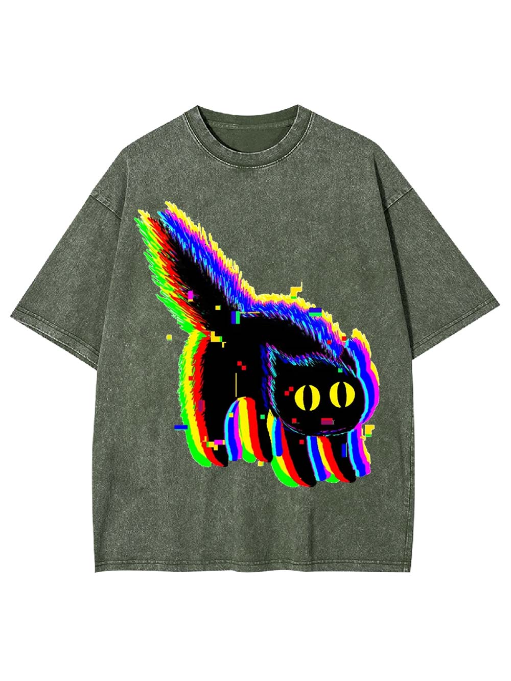 Glitchy Neon Cat Washed Tshirt
