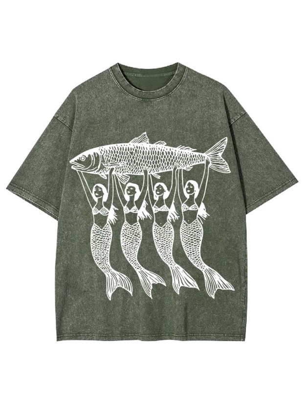 Mermaids Lifting a Fish Washed Tshirt