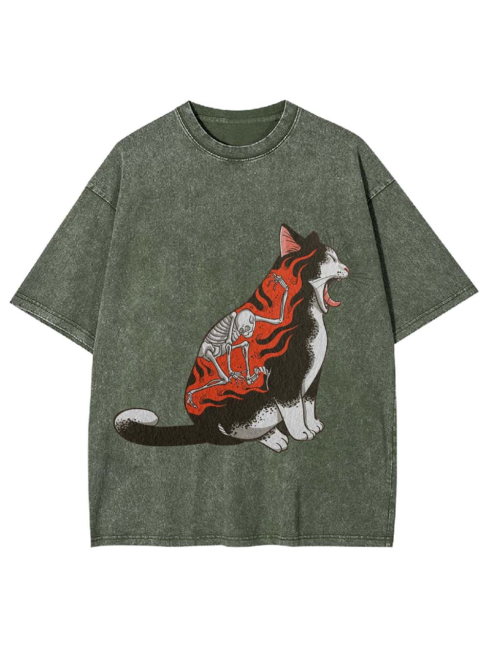 Flaming Skeleton Cat Washed Tshirt