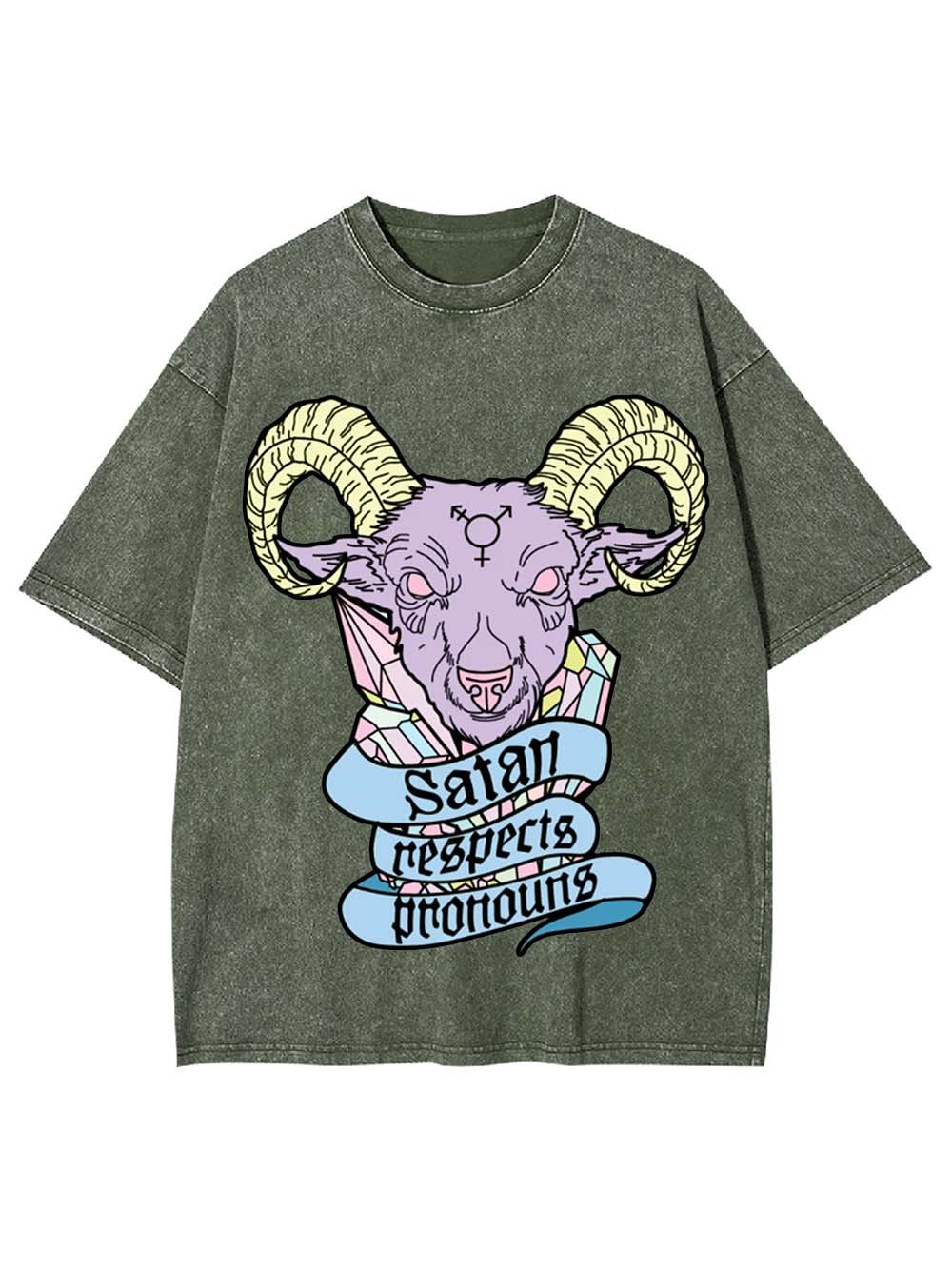 Satan Respects Pronouns Washed Tshirt