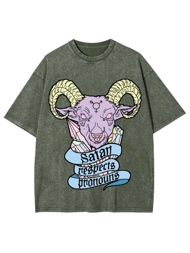 Satan Respects Pronouns Washed Tshirt