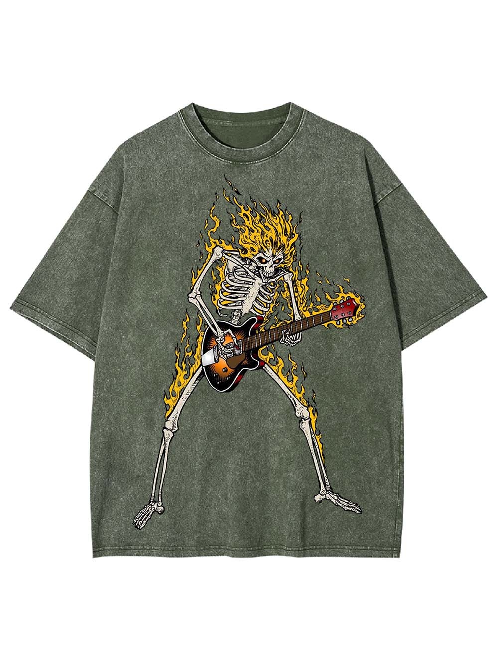 Flaming Skeleton Guitarist Washed Tshirt
