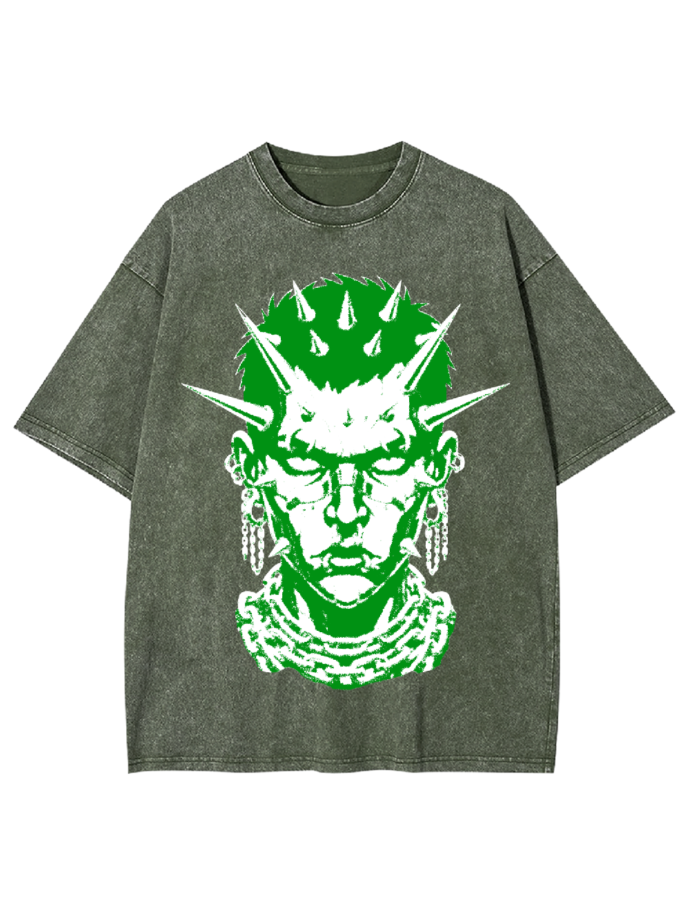 Green Spiked Punk Head Washed Tshirt