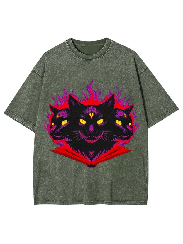 THREE-HEADED MYSTIC CAT WASHED TSHIRT