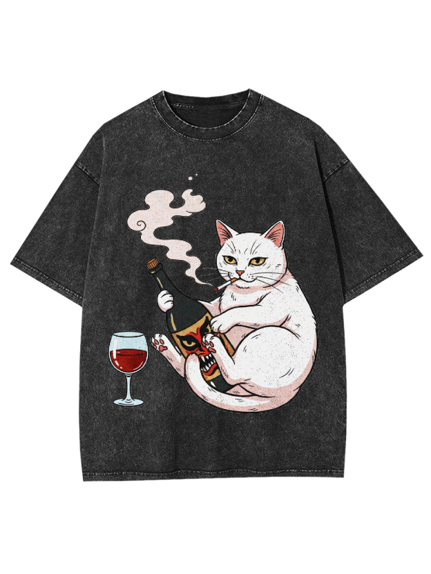 Drinking Rebellious Cat Washed Tshirt