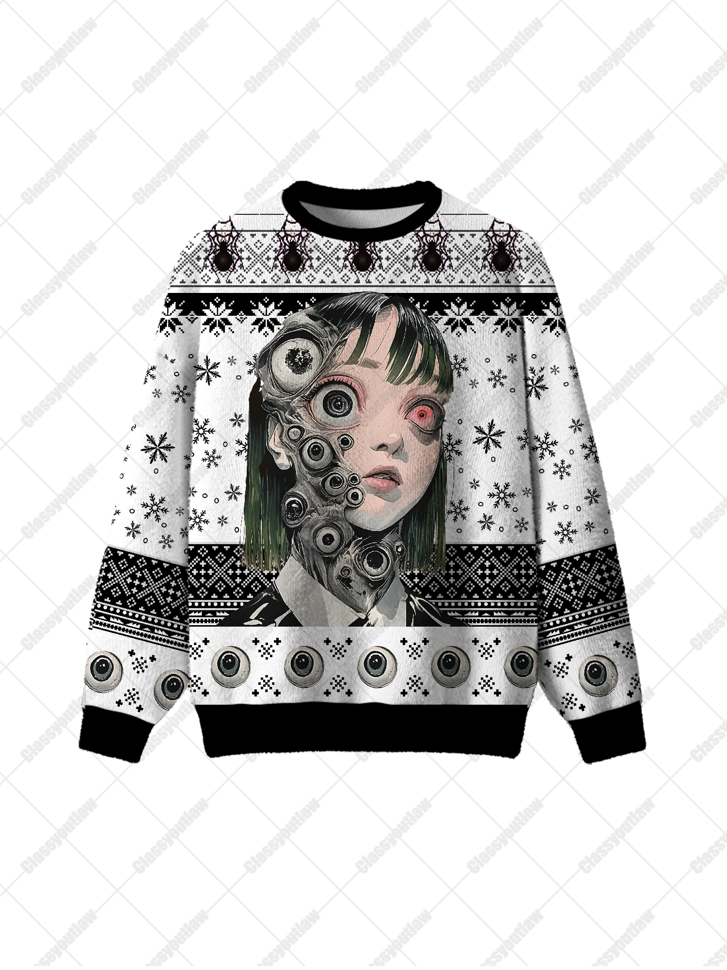 Eerie Multi-Eyed Short-Haired Girl Sweater UGLY CHRISTMAS SWEATSHIRT-ClassyOutlaw Sale