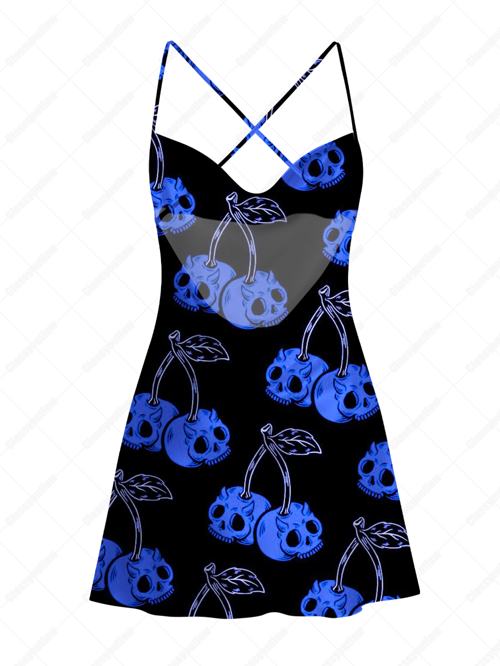 BLUE CHERRY SKULL SATIN CROSS BACK MINI DRESS
