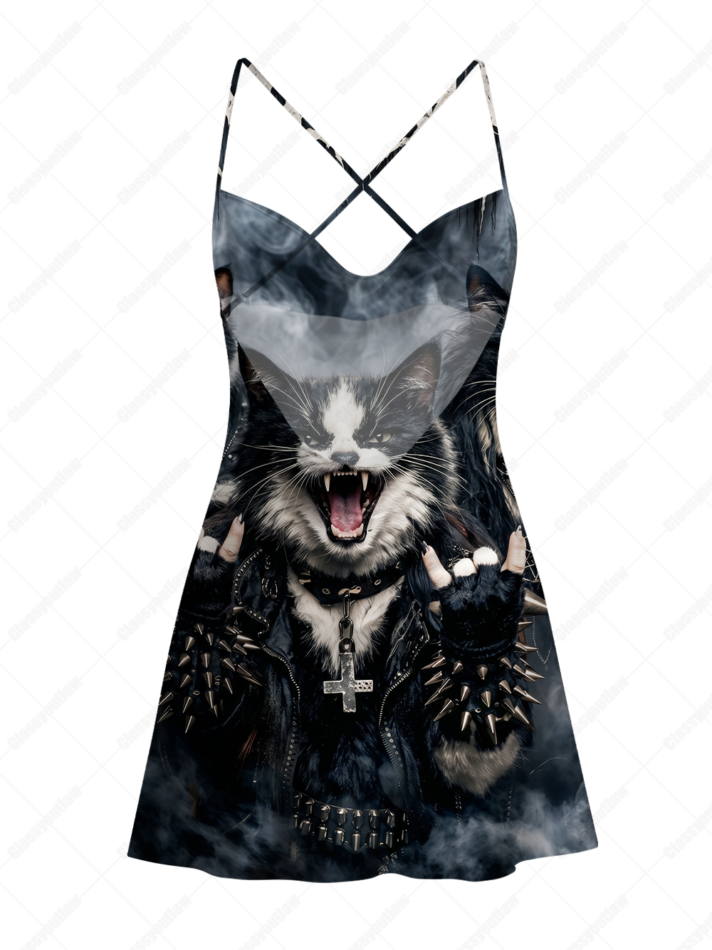 FERAL SHADOW CATS SATIN CROSS BACK MINI DRESS