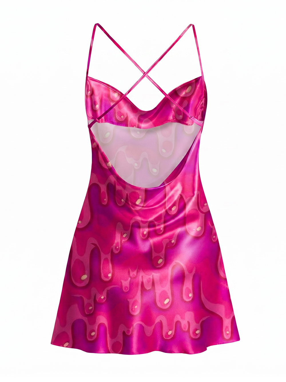 HOT PINK PSYCHEDELIC DRIP SATIN CROSS BACK MINI DRESS