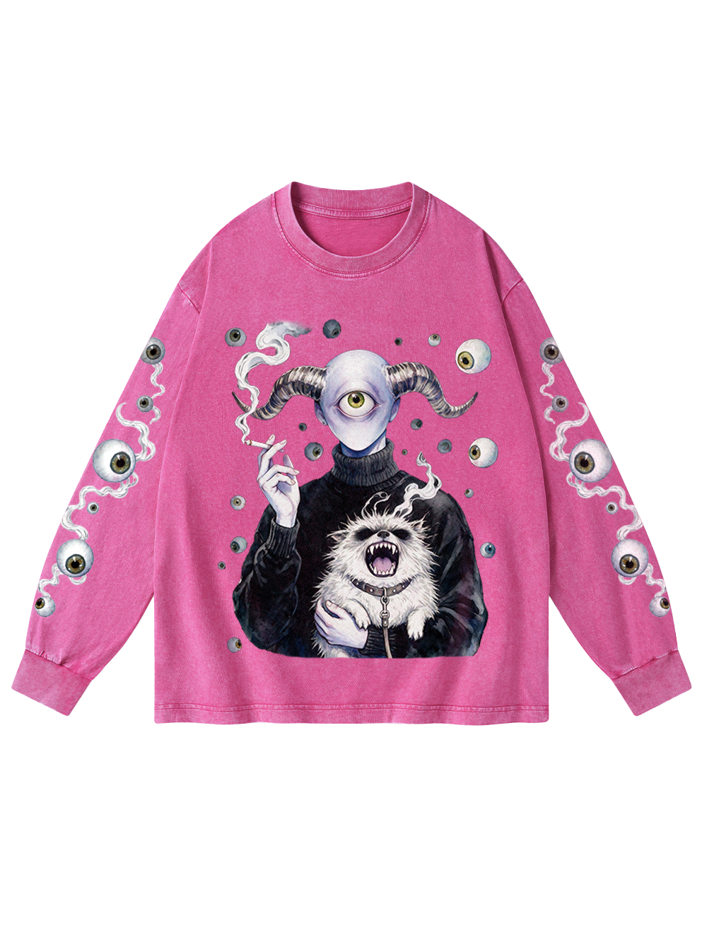 CYCLOPS DEMON MONSTER WASHED LONG-SLEEVE GRAPHIC TSHIRT