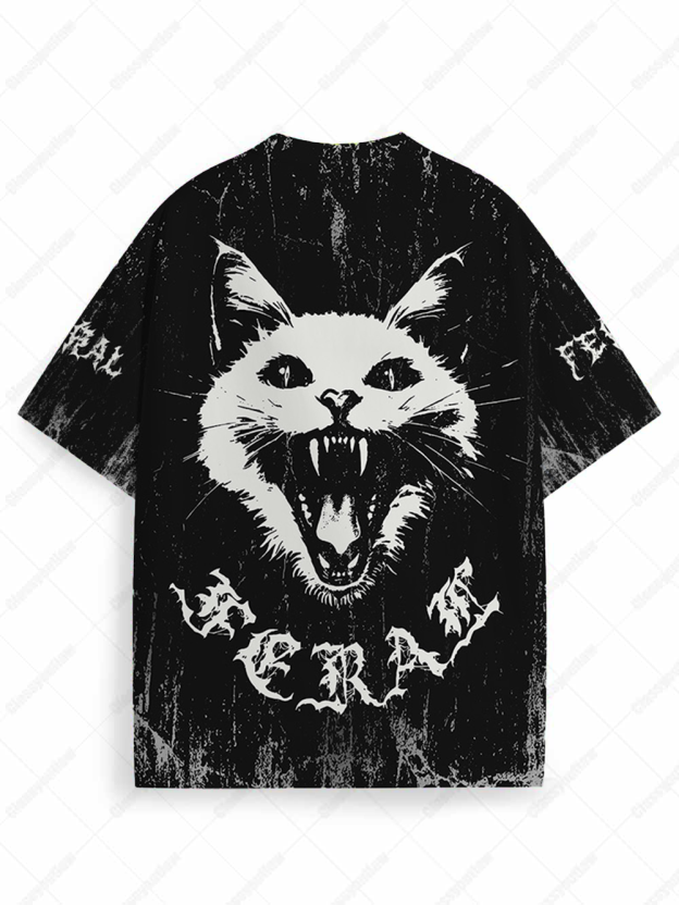 Feral White Cat Eco Oversized Graphic Tees