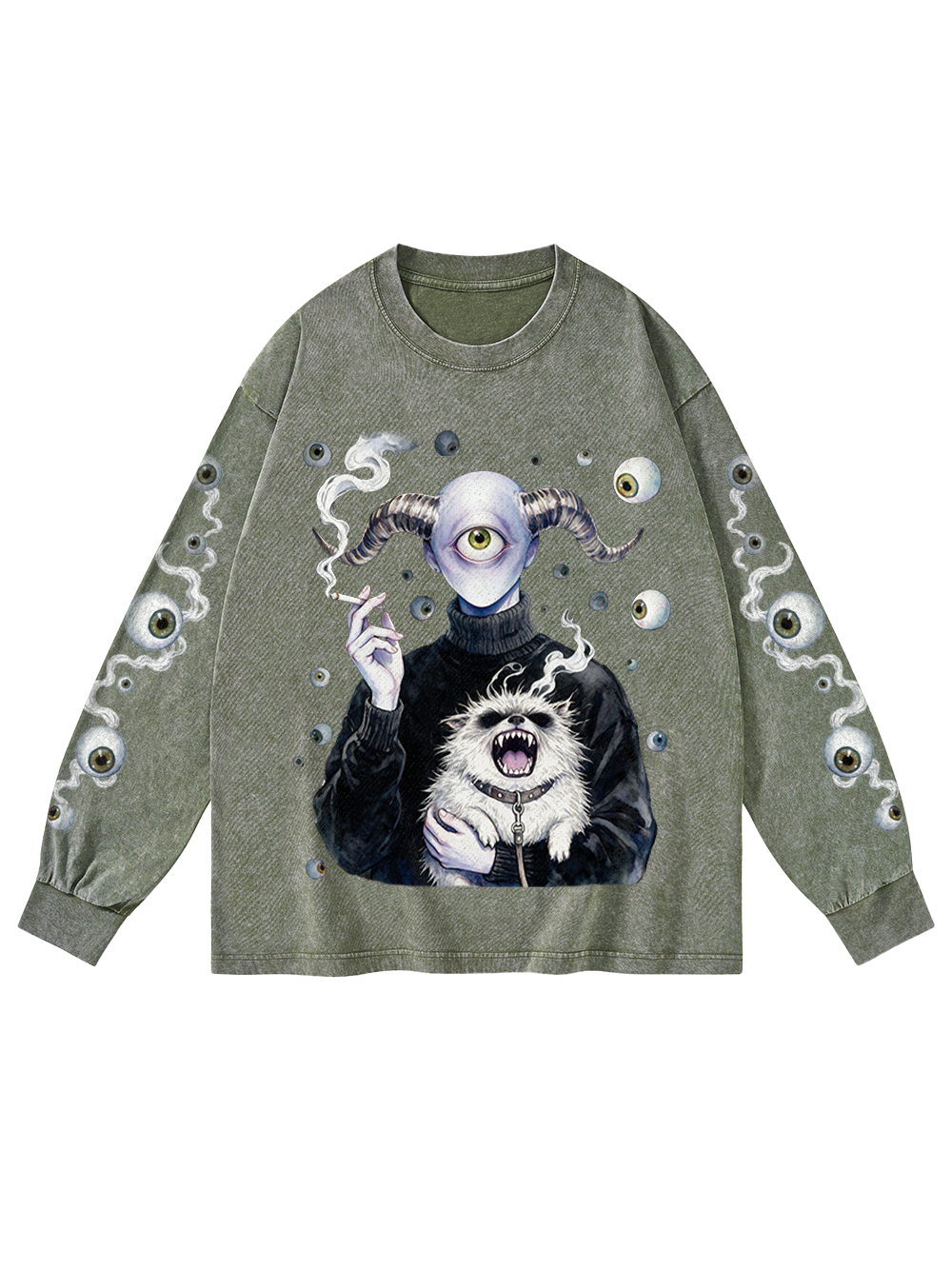 CYCLOPS DEMON MONSTER WASHED LONG-SLEEVE GRAPHIC TSHIRT