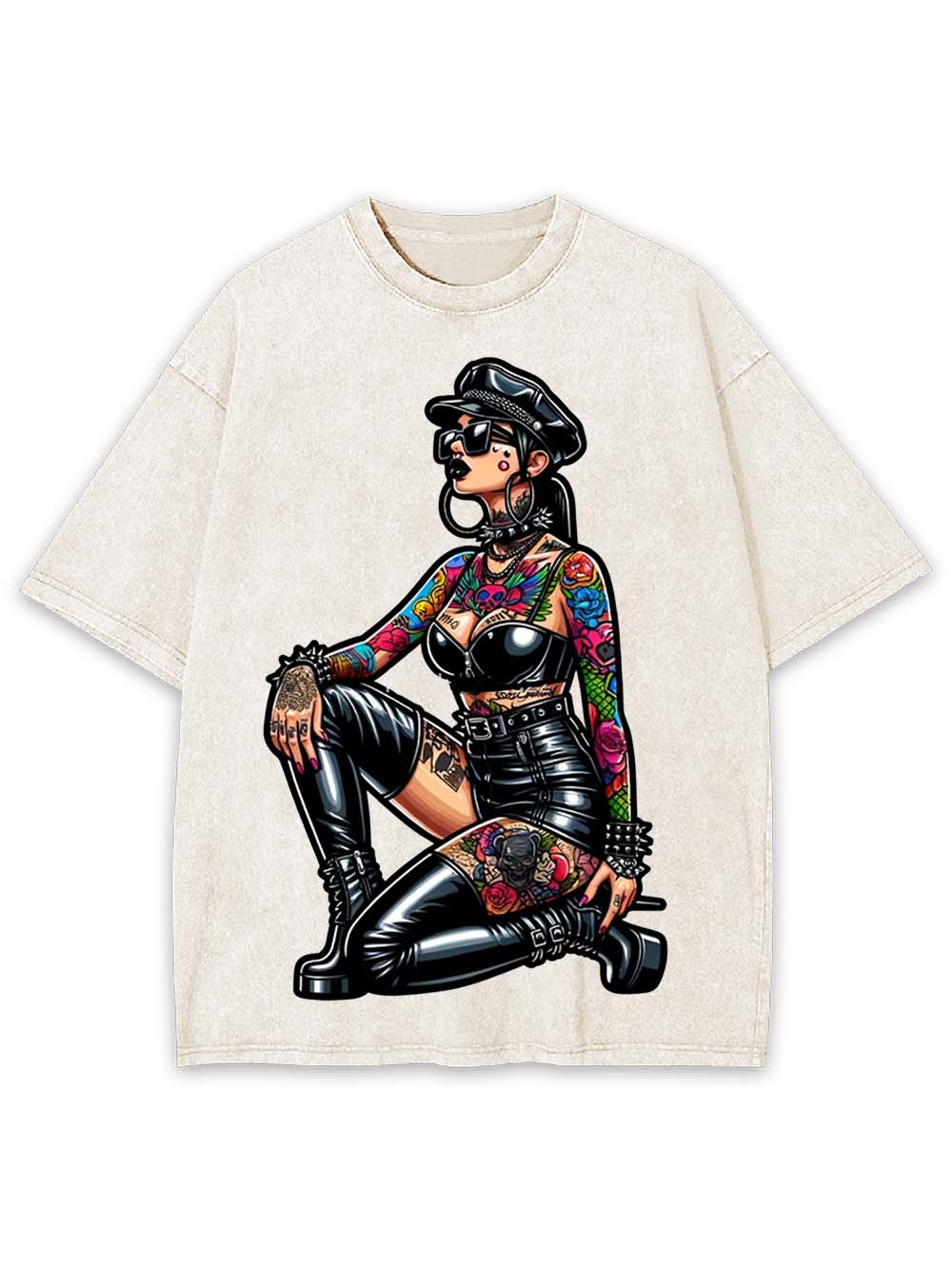 Pinup in Leather and Spikes Washed Tshirt