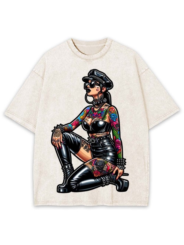 Pinup in Leather and Spikes Washed Tshirt