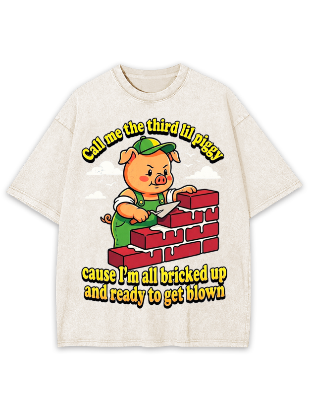 Third Lil Piggy Funny Retro Cartoon Washed Tshirt