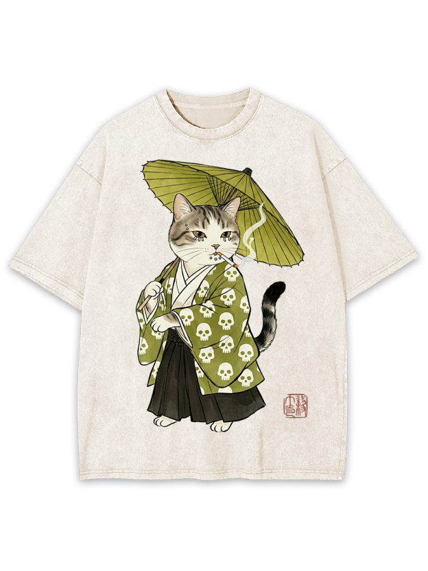 Samurai Cat Ukiyo-e Washed Tshirt