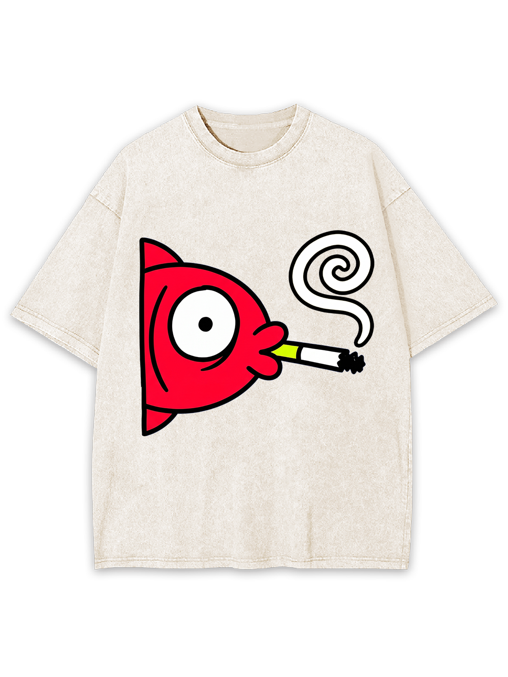 CARTOON RED FISH SMOKING CIGARETTE WASHED TSHIRT
