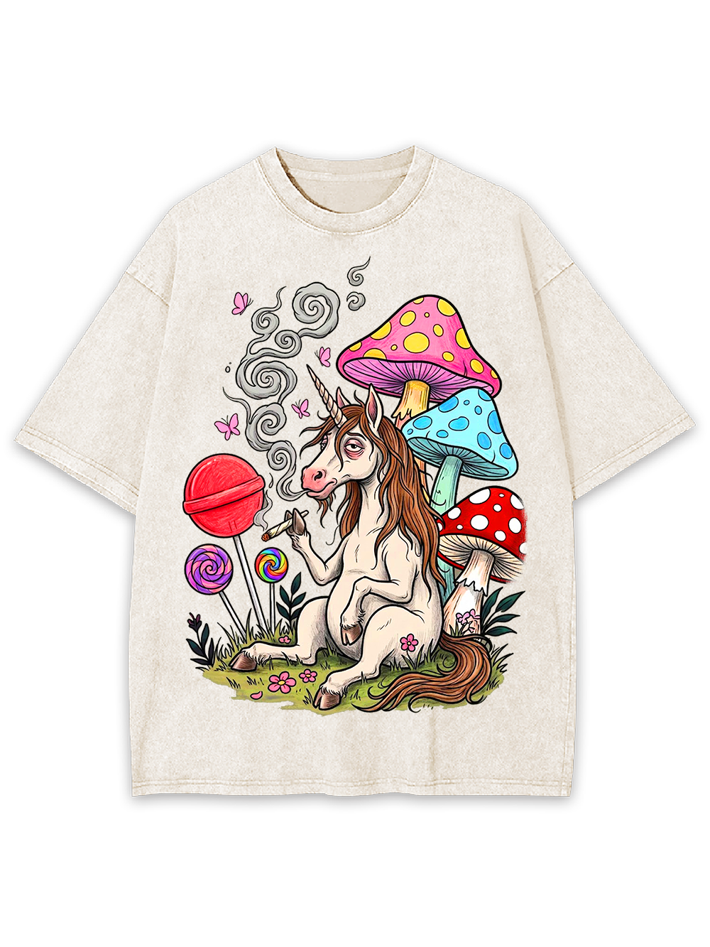 PSYCHEDELIC UNICORN AND MUSHROOM FANTASY WASHED TSHIRT
