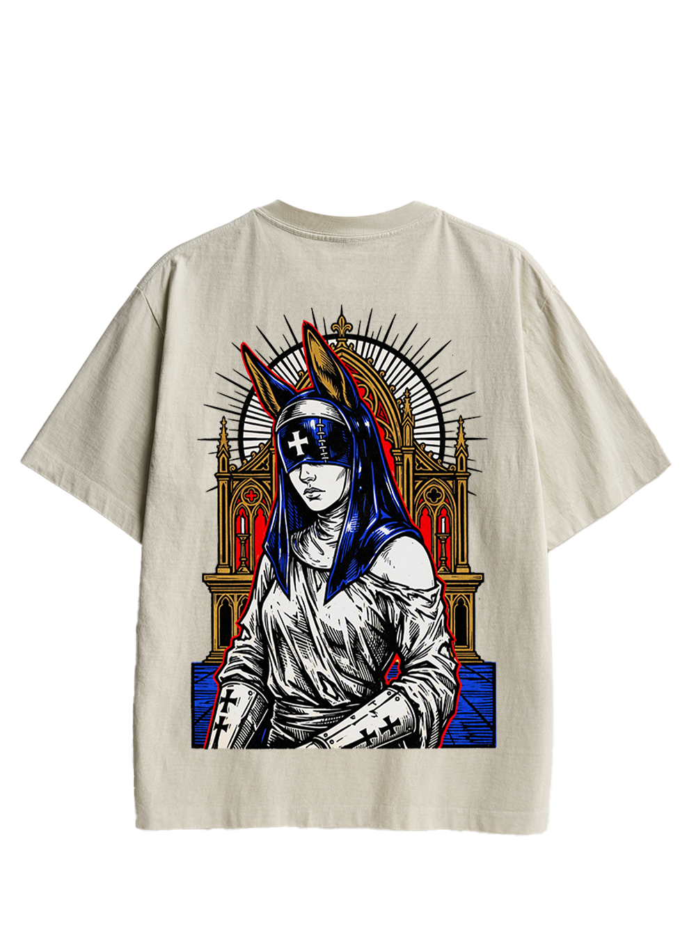 GOTHIC NUN WITH BUNNY EARS CHURCH DOUBLE SIDED PRINT WASHED TSHIRT