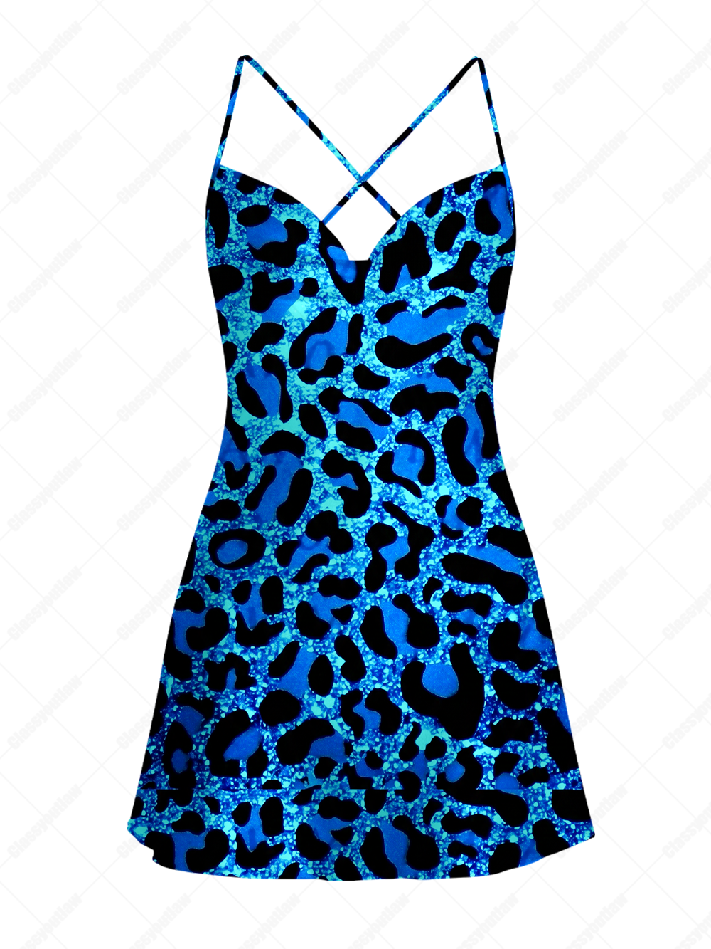 ELECTRIC BLUE LEOPARD SATIN CROSS BACK MINI DRESS