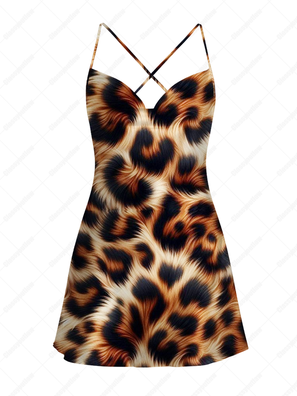 WILD FUR FANTASY LEOPARD SATIN CROSS BACK MINI DRESS
