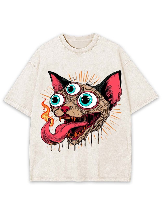 Flaming Three-Eyed Cat Washed Tshirt