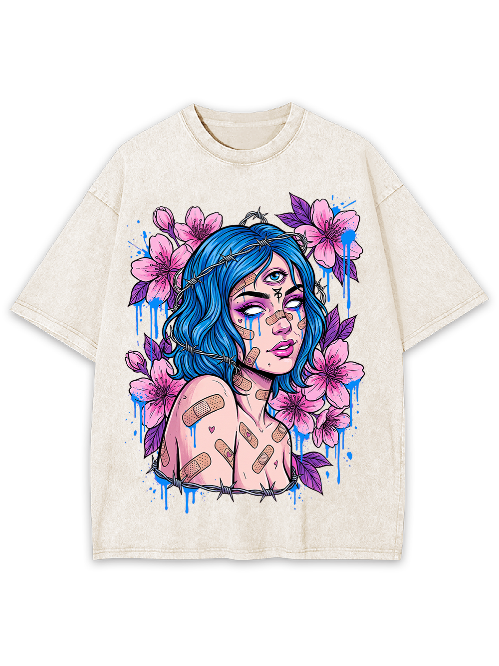 BLUE HAIRED BLOSSOM GIRL WASHED TSHIRT
