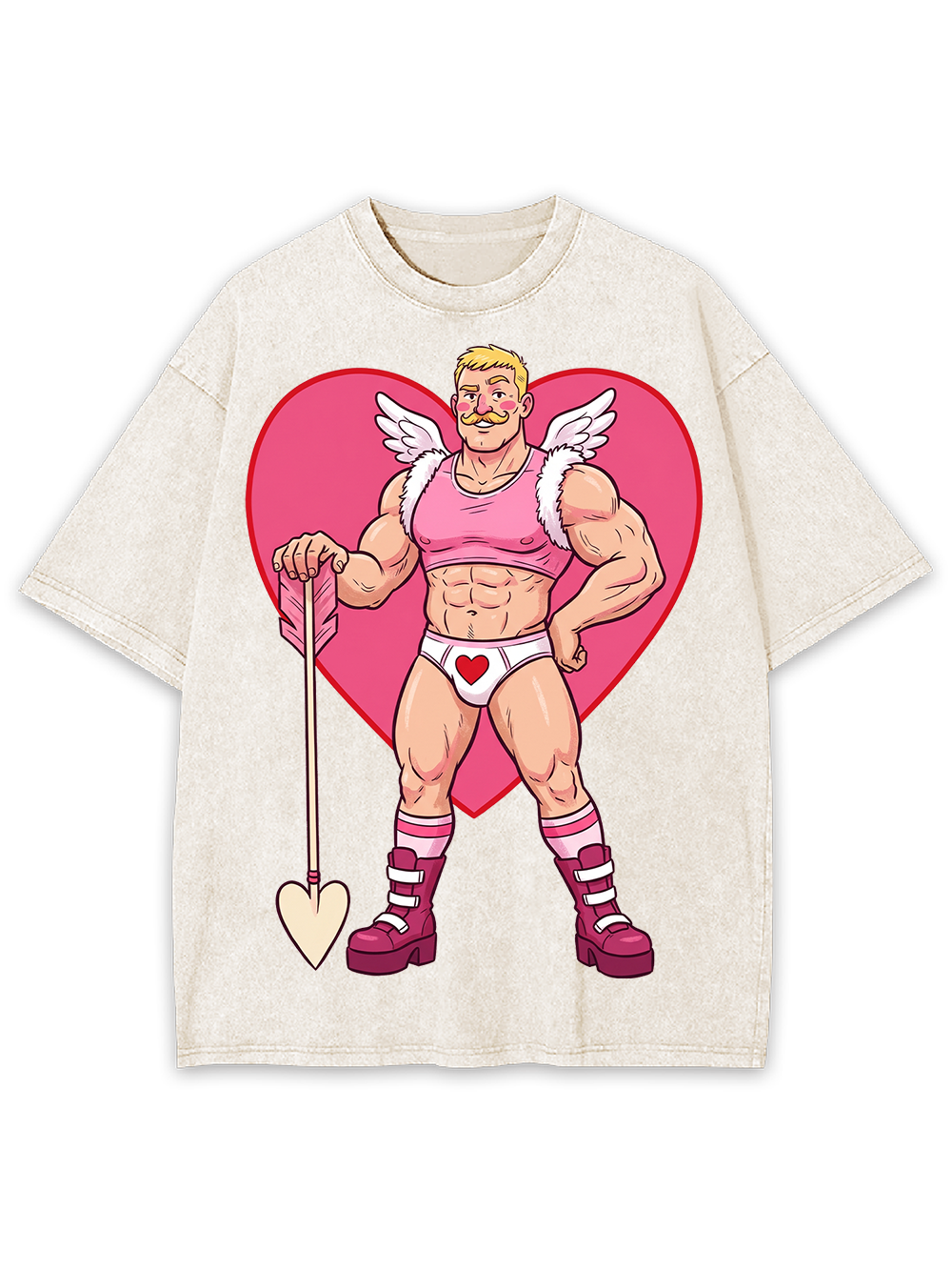 MUSCULAR CUPID IN PINK HEART OUTFIT WASHED TSHIRT