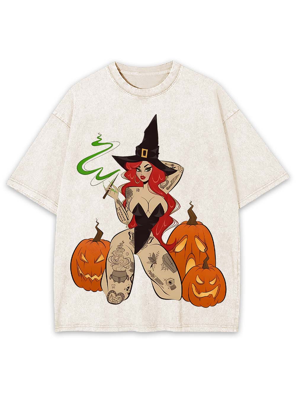 Tattooed Witch and Pumpkins Washed Tshirt