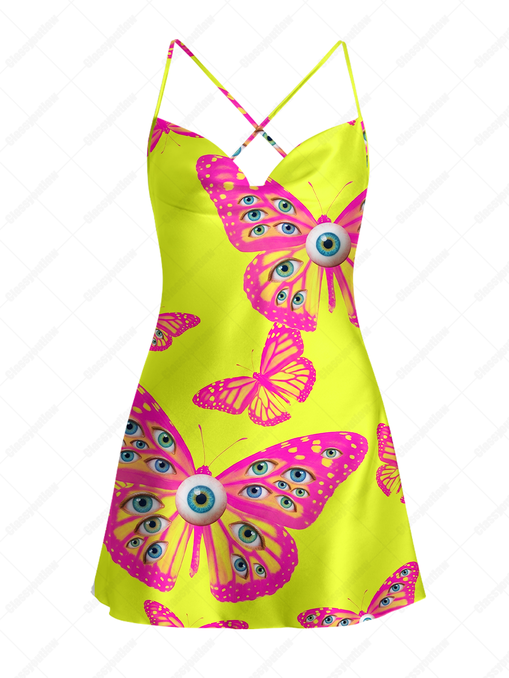 EYE BUTTERFLY DREAM SATIN CROSS BACK MINI DRESS