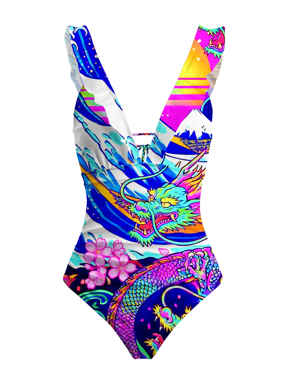 NEON DRAGON WAVE V-NECK ONE PIECE SWIMSUIT