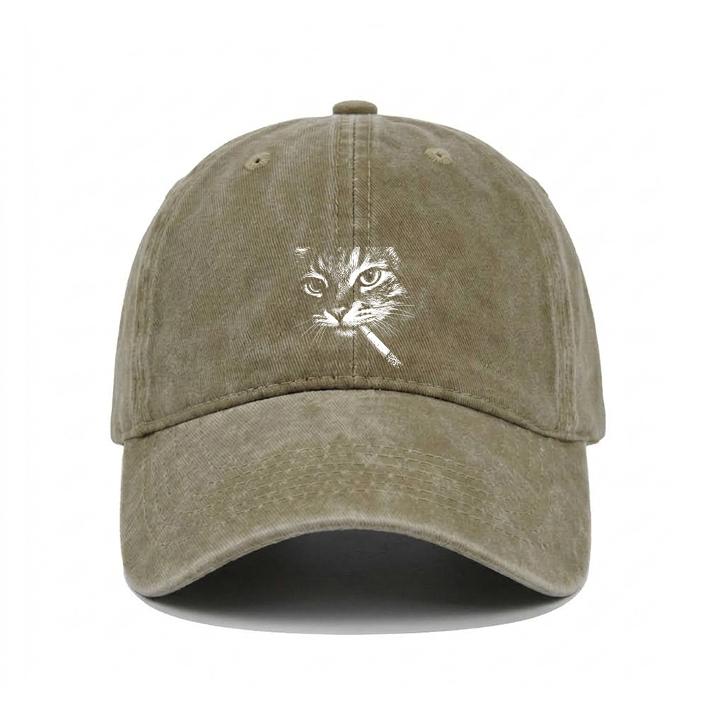CAT WITH CIGARETTE WASHED VINTAGE BASEBALL CAP