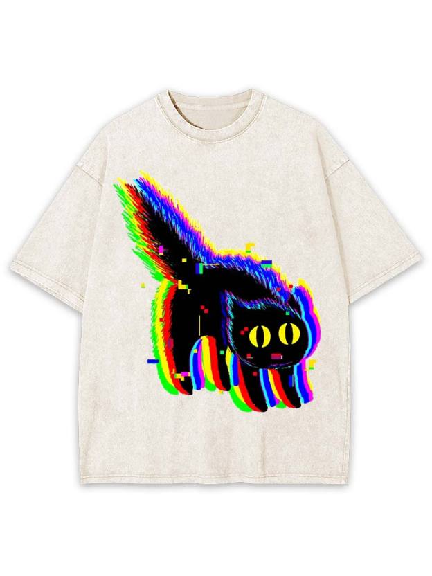 Glitchy Neon Cat Washed Tshirt