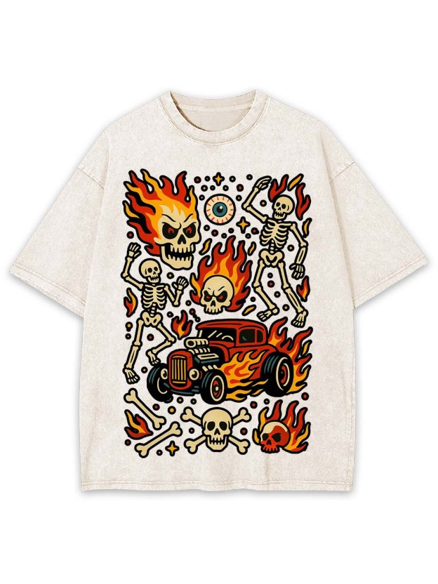 Flaming Skeleton Ride Washed Tshirt