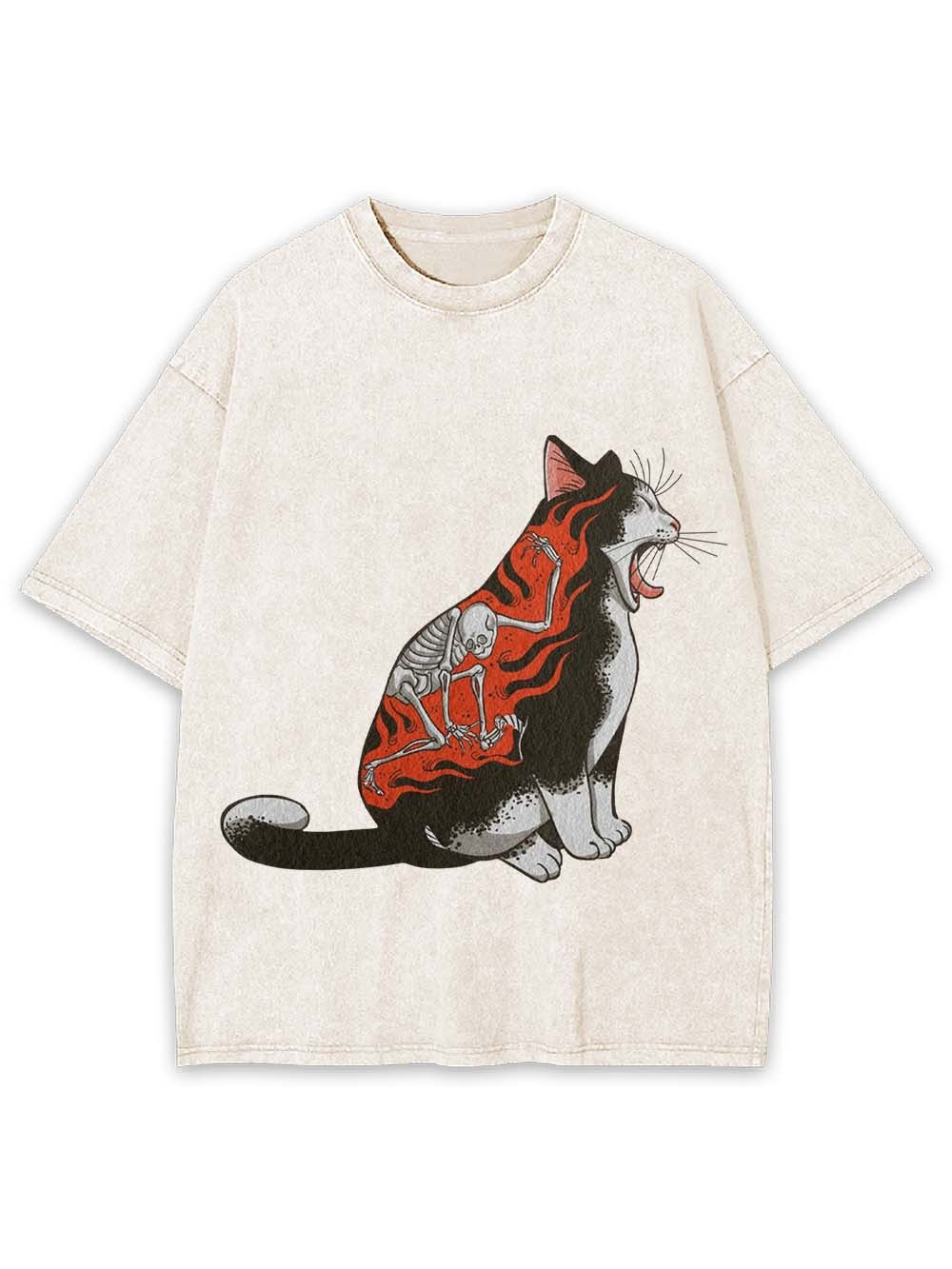 Flaming Skeleton Cat Washed Tshirt