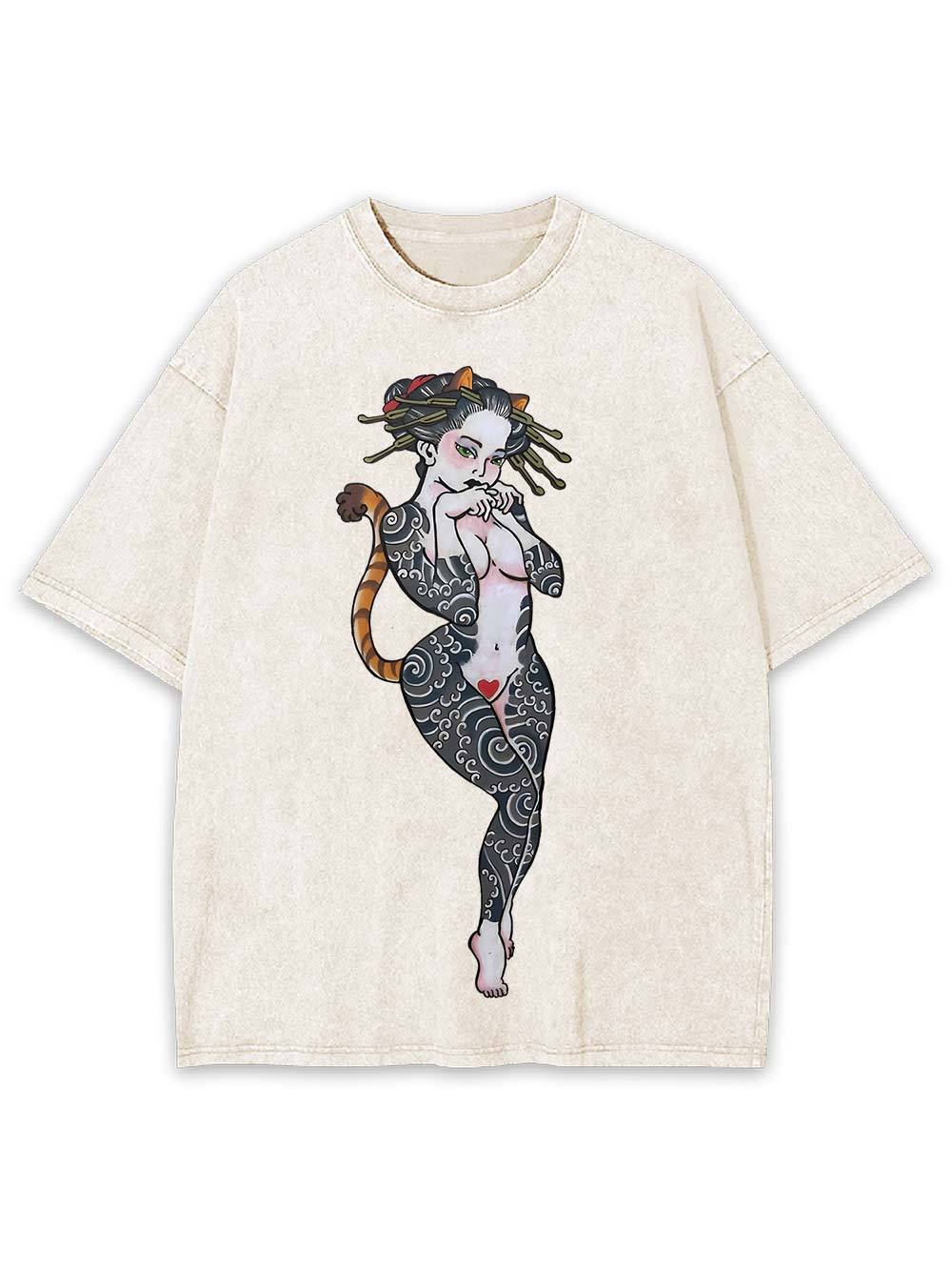 Tattooed Cat Siren Washed Tshirt