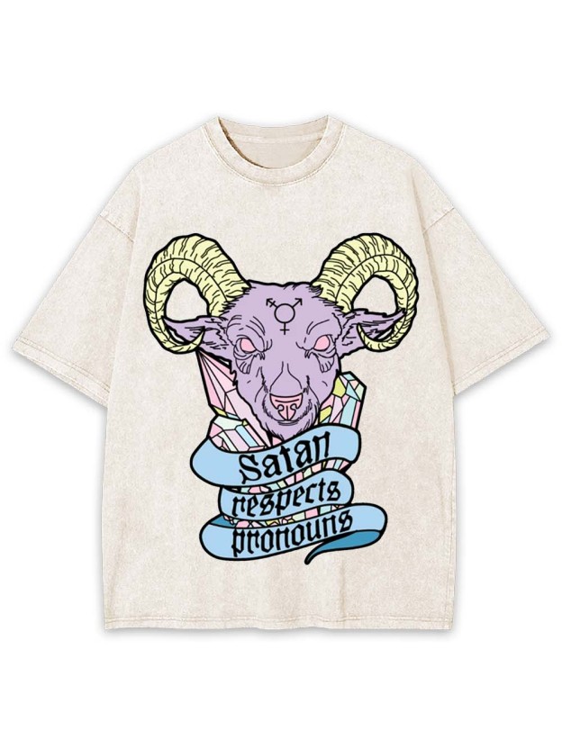 Satan Respects Pronouns Washed Tshirt